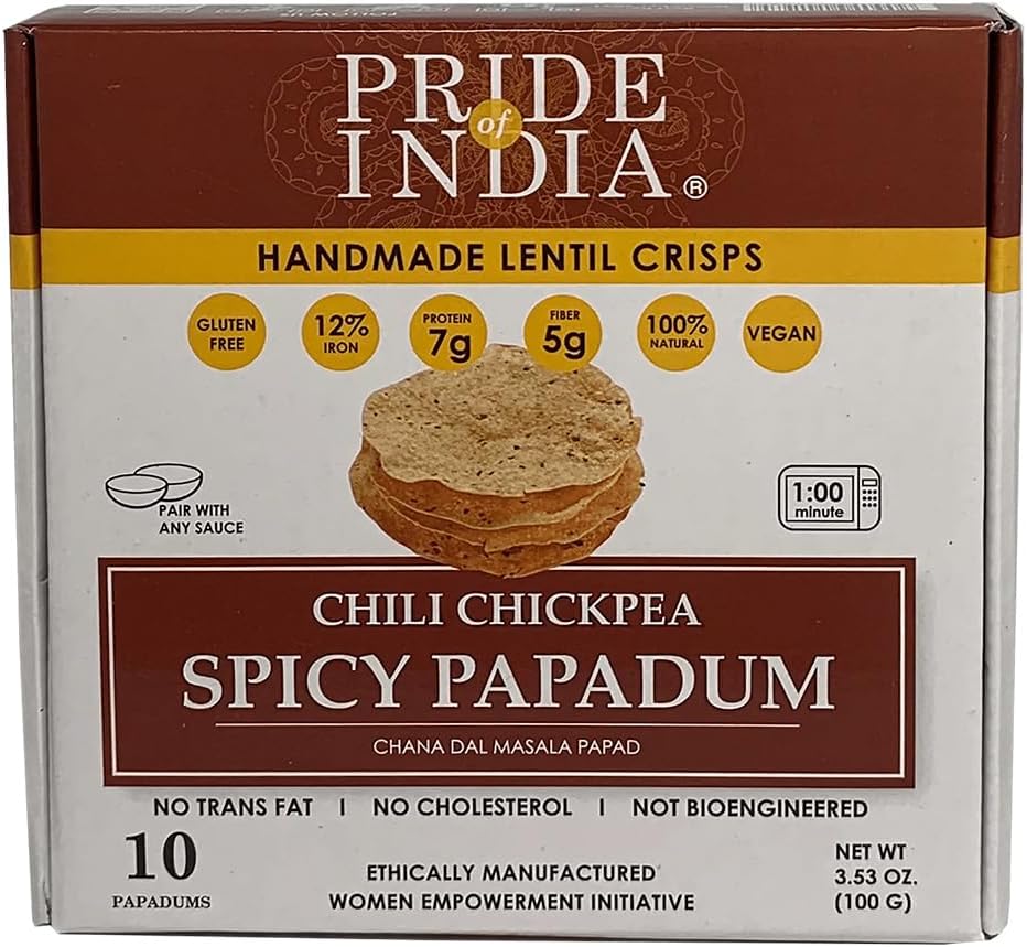 Pride Of India - Spicy Chickpea Masala Papadum Lentil Crisp, 10 count (3.53oz - 100gm) - Microwaveable Instant Chips, Gluten-Free Vegan Crackers, Healthy Protein, Fiber & Iron Rich Snacks