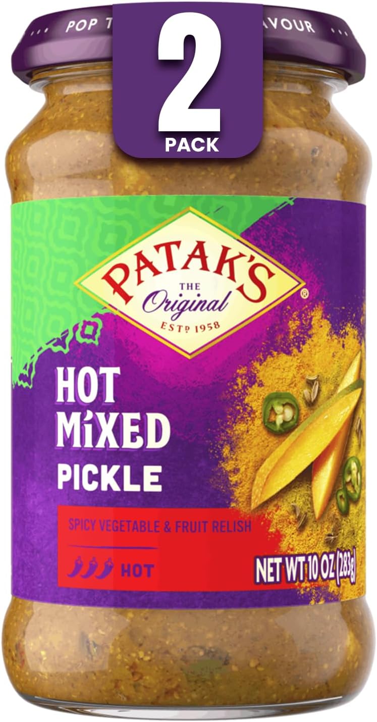 Patak’s Hot Mixed Pickle - Authentic Indian Relish w/Mangoes, Carrots, Limes, Chili Peppers & Aromatic Spices -Perfect for Sandwiches, Salads & Cold Meats - Vegan Spicy Pickle - 10oz Jar (Pack of 2)