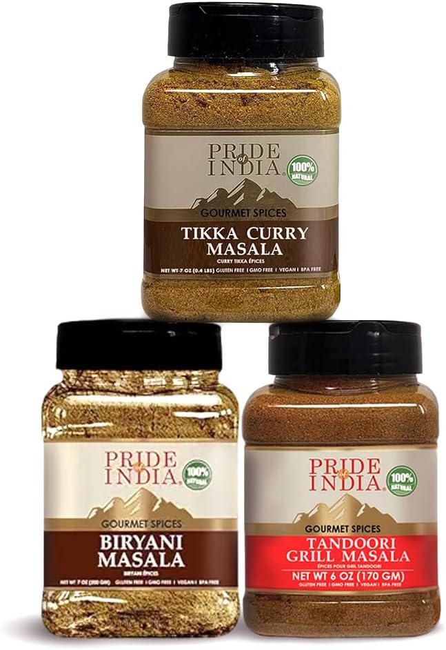 Pride of India | Biryani Masala, Tikka Curry Masala & Tandoori Grill Masala Bundle - 7 Oz Each | Indian Restaurant Favorites – Authentic Gourmet Spices for Curries, Rice & Grilled Dishes