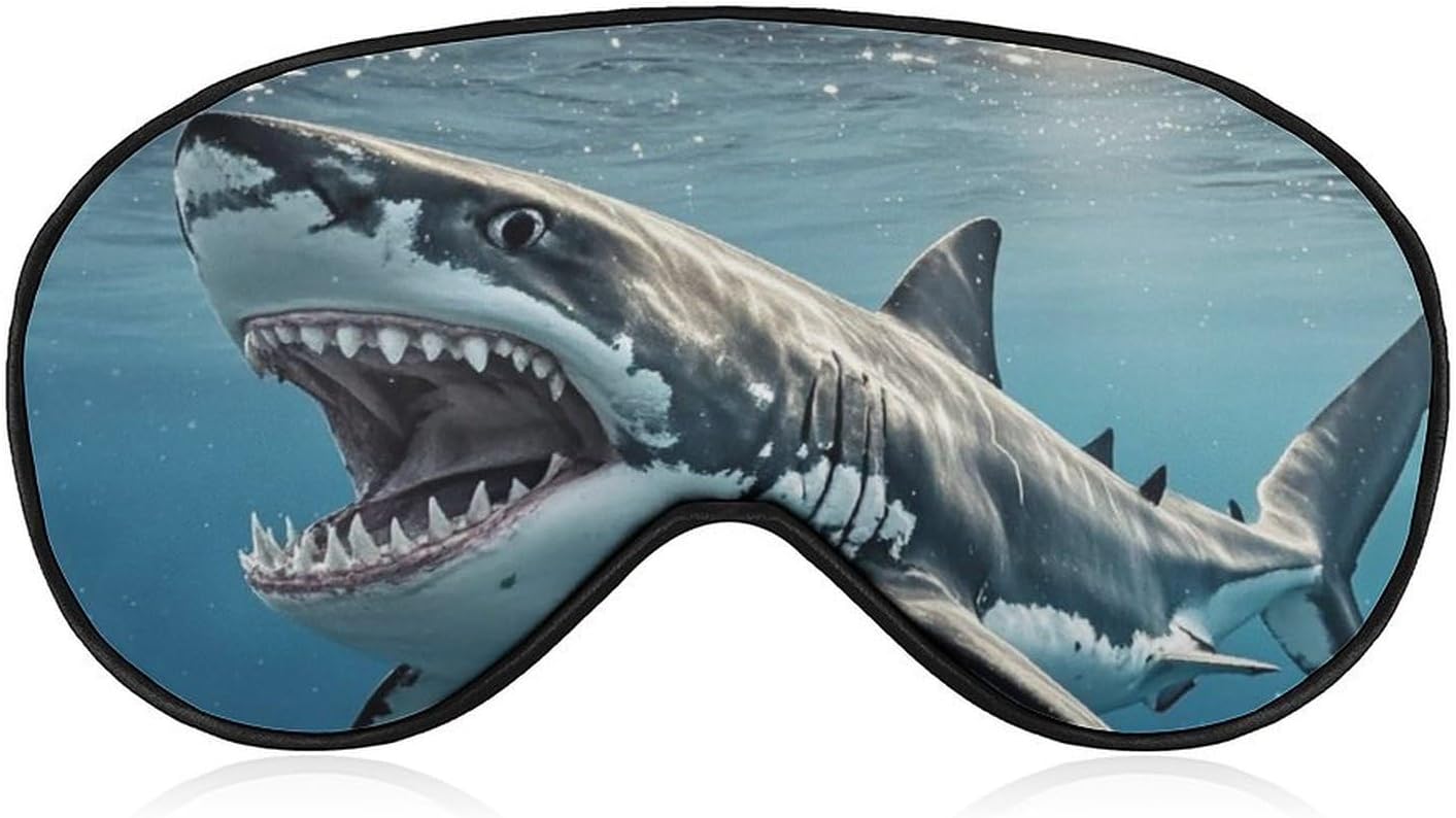 Great White Shark Opens Mouth Sleep Mask Light Block-Out Eye Mask for Side Sleeper Pressure-Free Soft Night Blindfold with Adjustable Strap Breathable Sleep Eye Cover for Travel