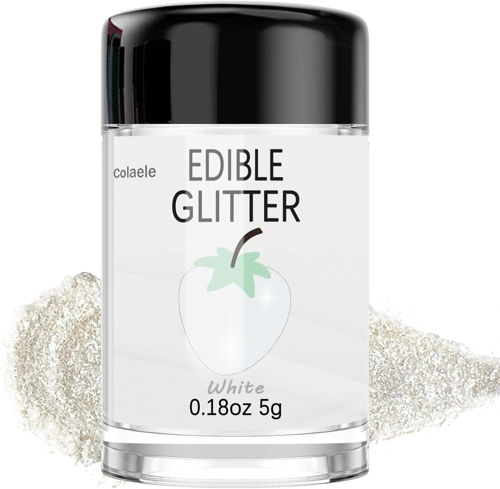 White Edible Glitter Glimmer Powder for Cakes Drinks - Colaele 5 grams Food-Grade Luster Dust Metallic Food Decorating Sprinkle Glimmery Brew Dust for Baking Dessert Chocolates Decorations, Vegan