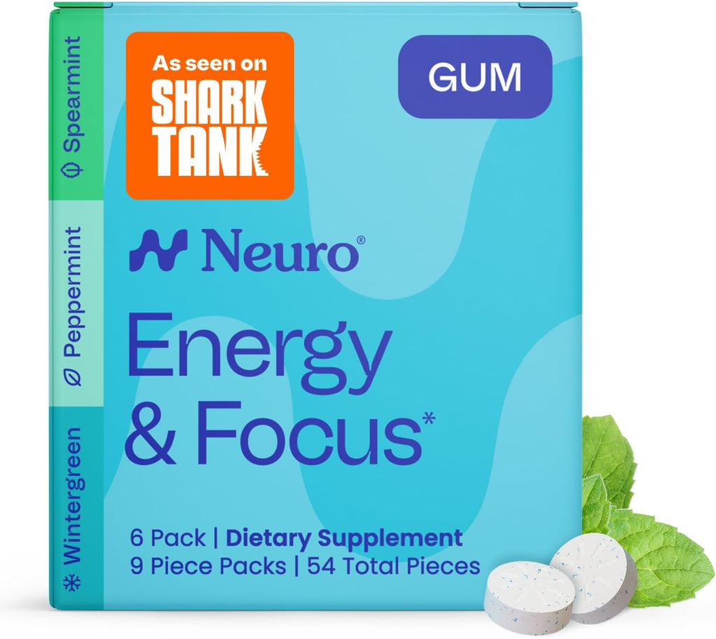 Neuro Variety Pack Gum - Energy & Focus Gum (Peppermint, Spearmint, Wintergreen) - Nootropic Supplement with Natural Caffeine + L-Theanine for Brain Health - Sugar Free, Vegan - 54 ct, 6 Pack