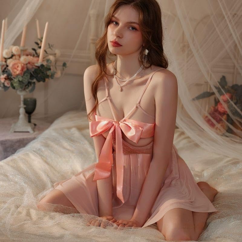 GRAYDREAM Sexy Lingerie Sexy Lace Backless Seductive Bow Nightgown, Suspender Skirt and T-pants Two-piece Set