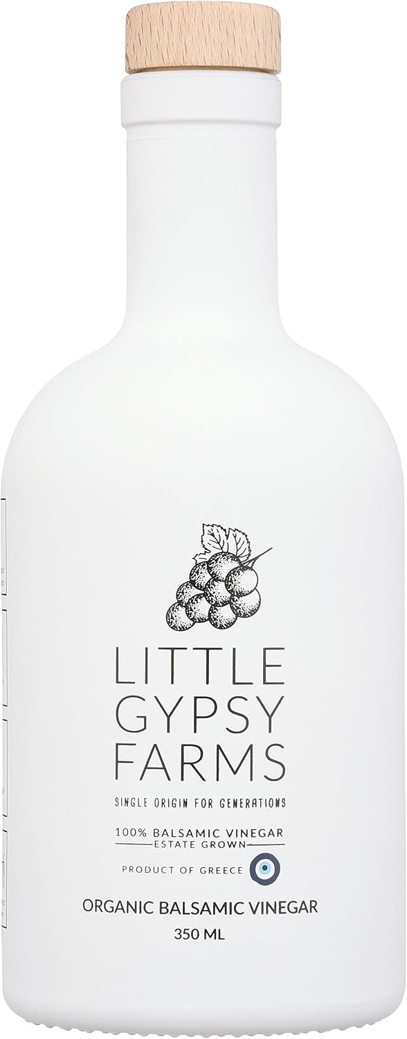 Organic Balsamic Vinegar from Little Gypsy Farms | First Cold-Pressed and Oak Barrel Aged | Notes of Fig with Strawberry Finish | Single Family Farms in Greece (350ml)