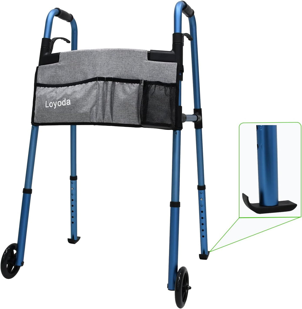 Loyoda Folding Walkers for Seniors, Medical Walker 5'' Front Wheel Lightweight Walker with Storage Bag and Skis Glides Height Adjustable Aluminum Compact Standard Walker （Blue）