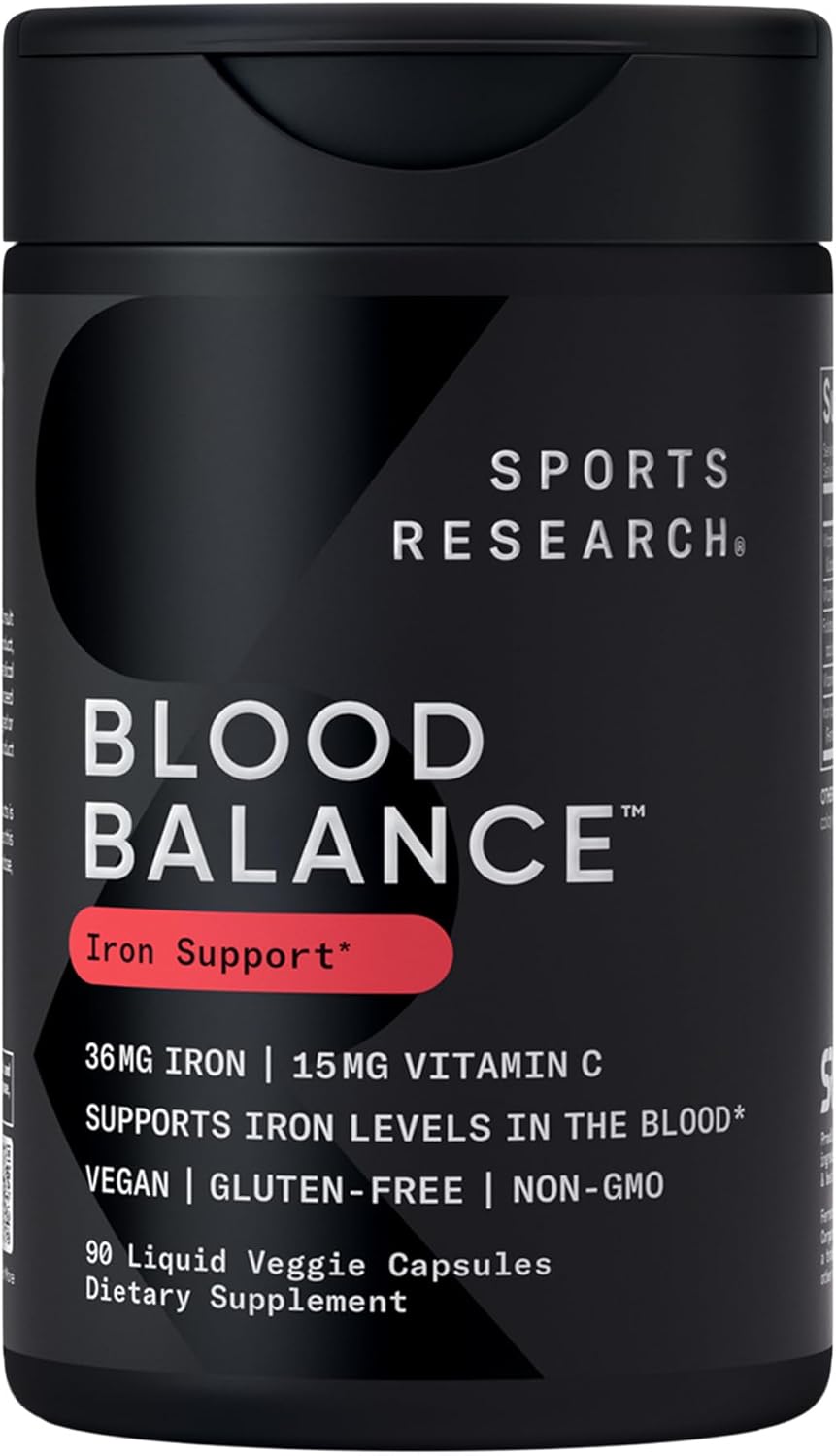 Sports Research® Blood Balance Iron Supplement - 36 MG Iron + Folate & Vitamin C for Absorption - Red Blood Cell Support for Women & Men* - Vegan Certified · Non-GMO · Gluten-Free - 90 Capsules