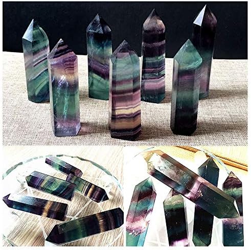 2Pcs Natural Rainbow Fluorite Quartz Crystal Hexagonal Wand Healing Crystal Stone Purple Green Gem for Feng Shui Decor Home Office Decor