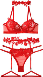 Lilosy Sexy Cute Applique Embroidered Underwire Push Up Garter Belt Chocker Lingerie Set