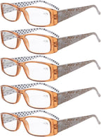 Eyekepper 5-Pack Spring Hinges Polka Dots Patterned Temples Rectangular Reading Glasses Readers Brown +4.0
