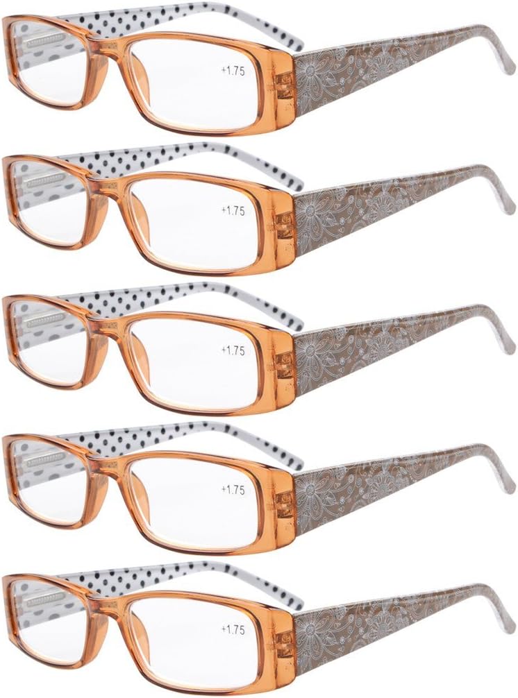 Eyekepper 5-Pack Spring Hinges Polka Dots Patterned Temples Rectangular Reading Glasses Readers Brown +3.0