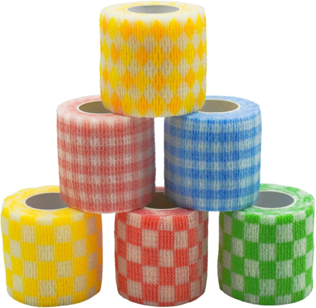 6 Pack Self Adhesive Bandage Wrap Checkered Print Elastic Cohesive Stretchy Sport Grip Tape for Finger Wrist Toe Vet Wraps
