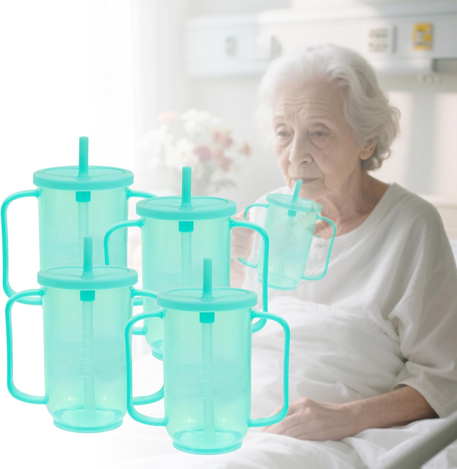 4 Pcs Adult Sippy Cups for Elderly, 12 oz Plastic Spill Proof Cup，Sippy Cups for Adults， Elderly Drinking Cups, with 2 Handles Straw and Lid for Adults Hospital Disabled Dysphagia Patients