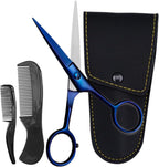 Ontaki Beard & Mustache Scissors for Men - 5inch, Midnight Blue - 410C German Steel Durable, Ergonomic Design Travel Friendly Facial Hair Scissors - Beard Kit 2 Combs & Case Perfect for Styling