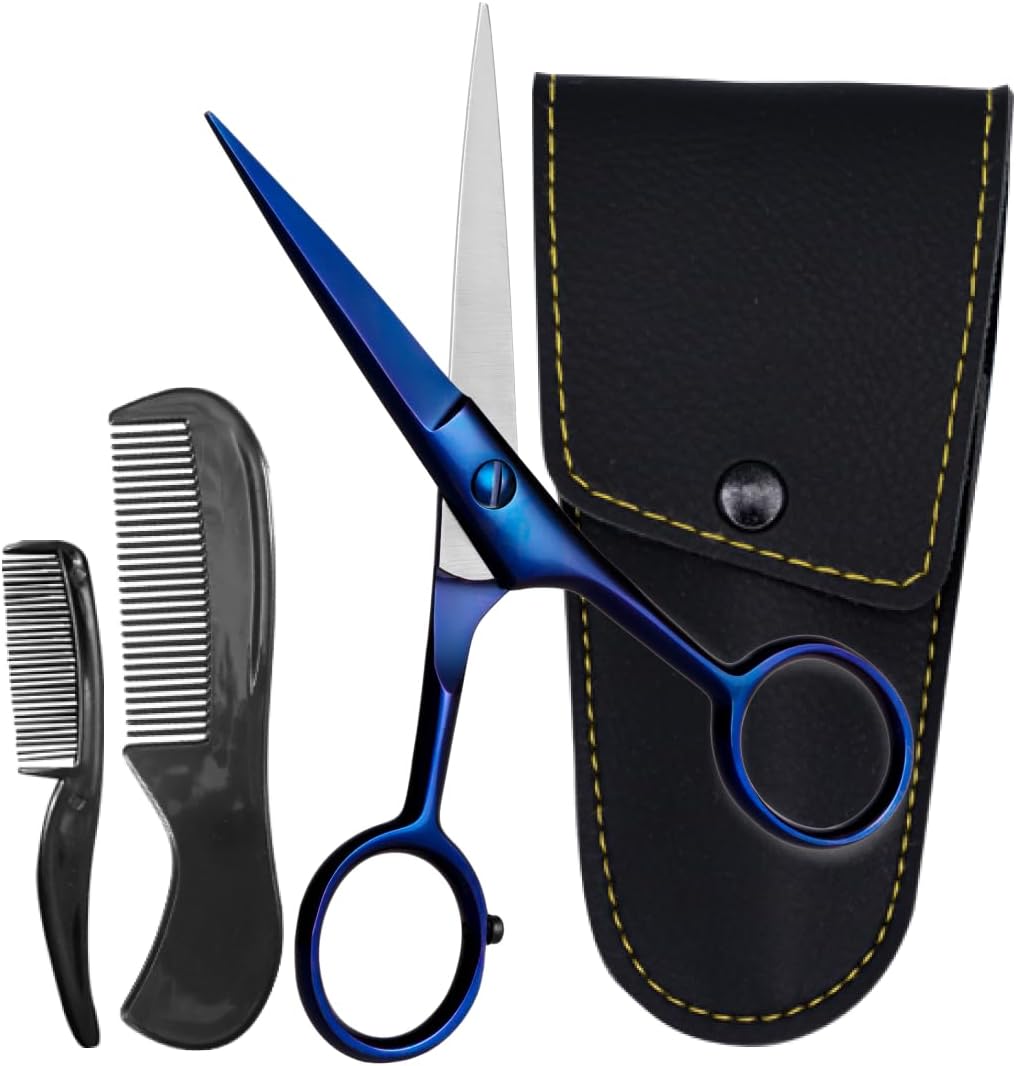 Ontaki Beard & Mustache Scissors for Men - 5inch, Midnight Blue - 410C German Steel Durable, Ergonomic Design Travel Friendly Facial Hair Scissors - Beard Kit 2 Combs & Case Perfect for Styling