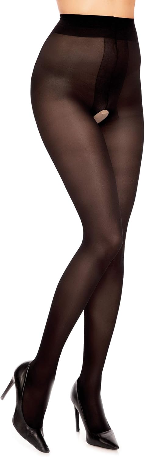 GLAMORY Plus Size Crotchless Tights Ouvert 40, Semi-Sheer, Comfortable Fit, Durable Nylon, Classic Black Hosiery