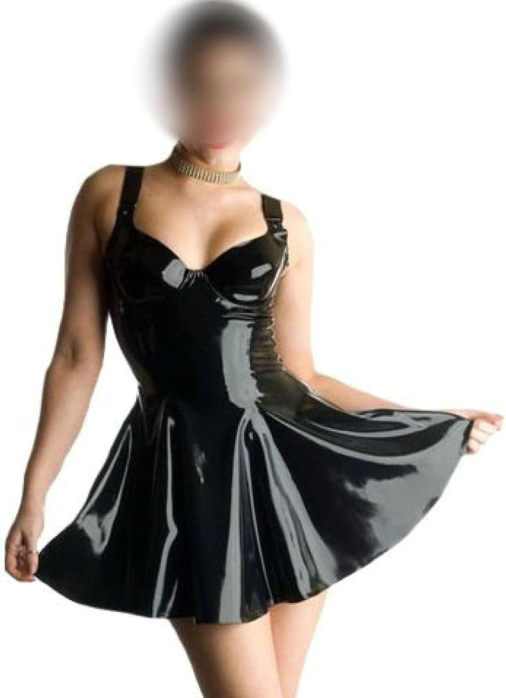 Natural latexBlack Sleeveless Latex Pleated Dresses Knee Length with Back Zipper