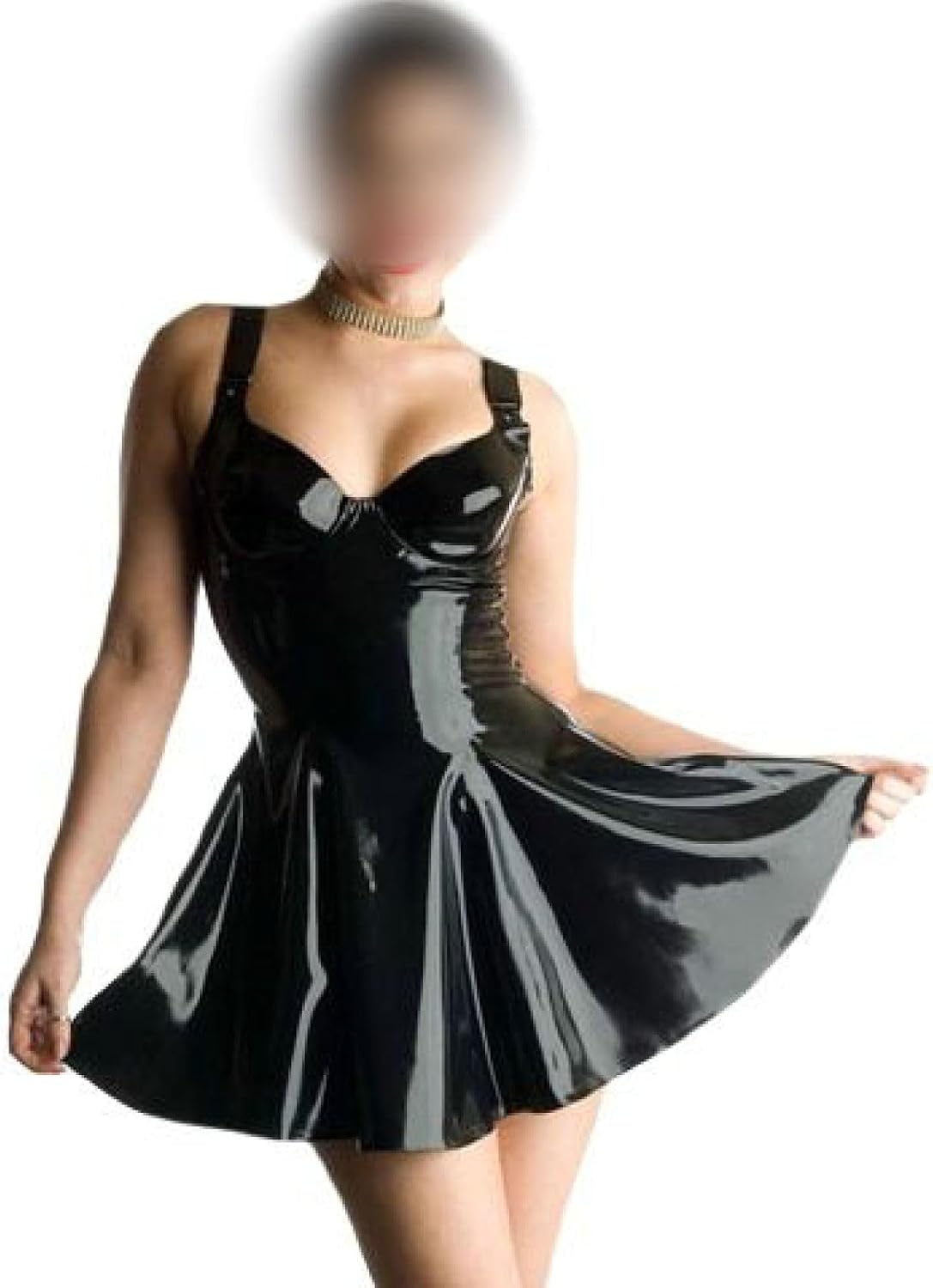 Natural latexBlack Sleeveless Latex Pleated Dresses Knee Length with Back Zipper