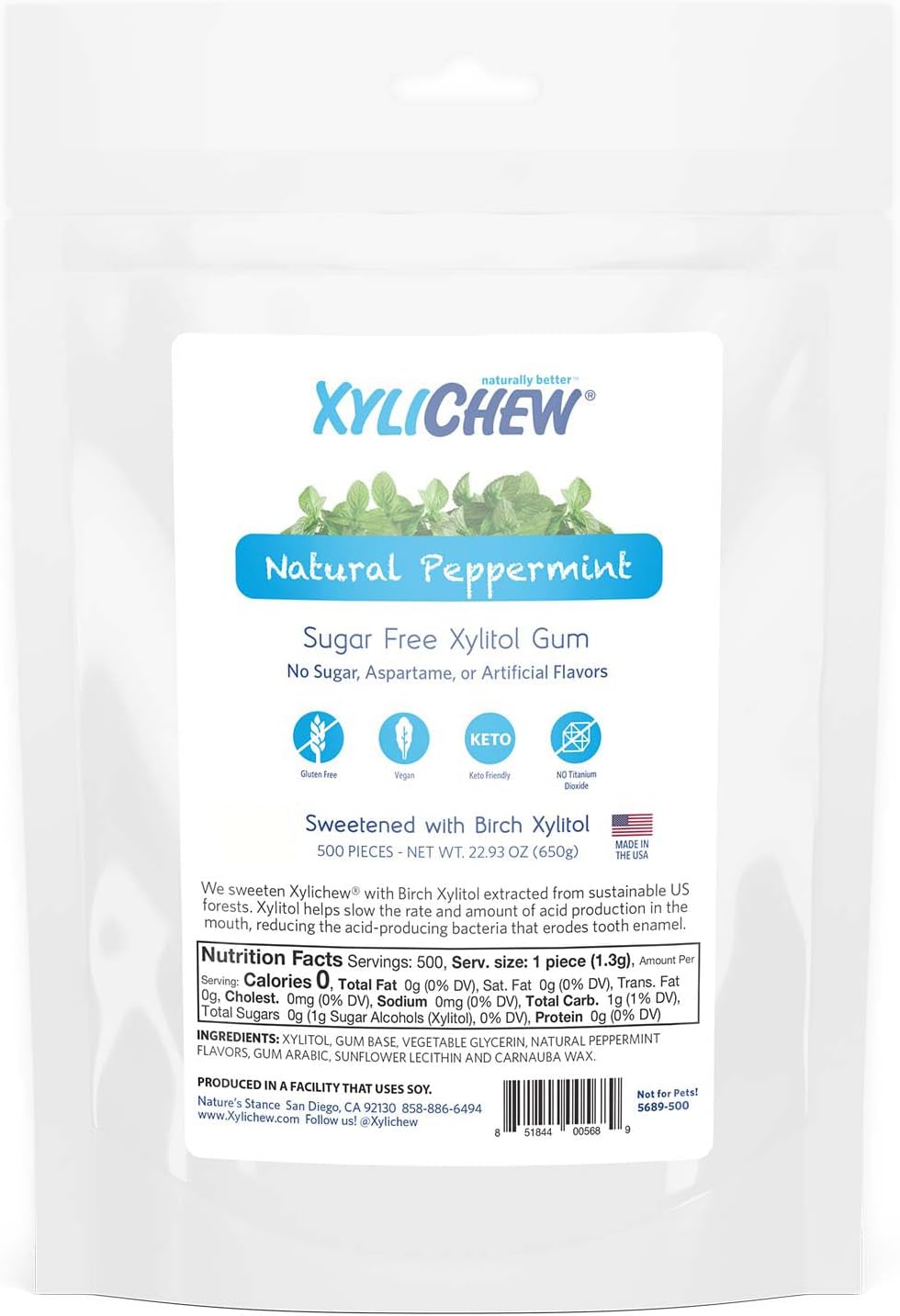 Xylichew Xylitol Gum - Chewing Gum Sugar Free, Aspartame Free, Gluten Free, Keto - Sugarless, Healthy, Natural Oral Care - Relieves Bad Breath and Dry Mouth - Peppermint, 500 Count