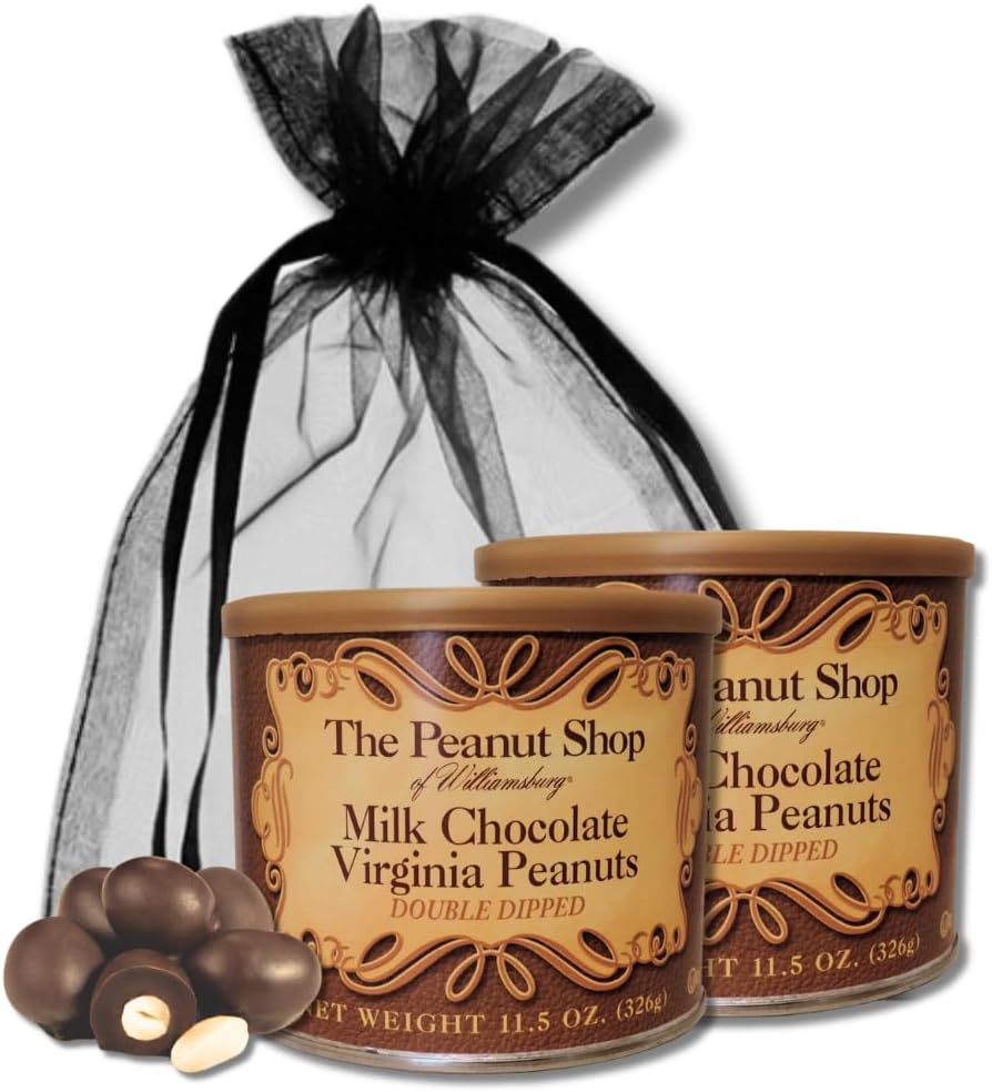 The Peanut Shop of Williamsburg Virginia Peanuts, Double Dipped Milk Chocolate Covered Peanuts - Gift Pack of 2, 11.5 oz. Tins By Lyza's Sweets & Treats