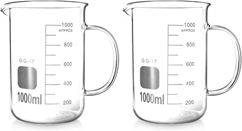 QWORK Beaker with Handle, 1000ml/33.81oz, Measuring Cup, Borosilicate Glass, Beaker Mug with Pouring Spout, 2 Pack