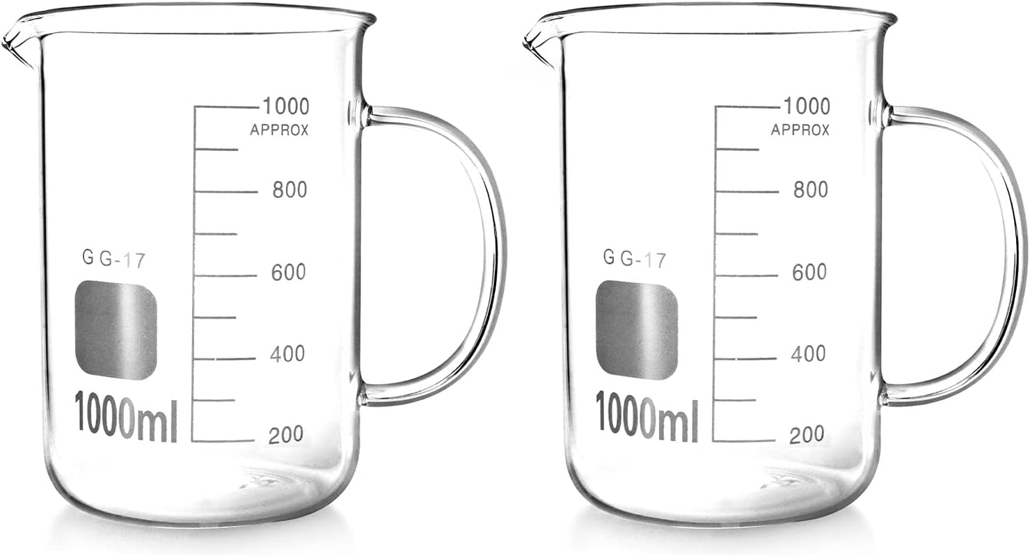 QWORK Beaker with Handle, 1000ml/33.81oz, Measuring Cup, Borosilicate Glass, Beaker Mug with Pouring Spout, 2 Pack