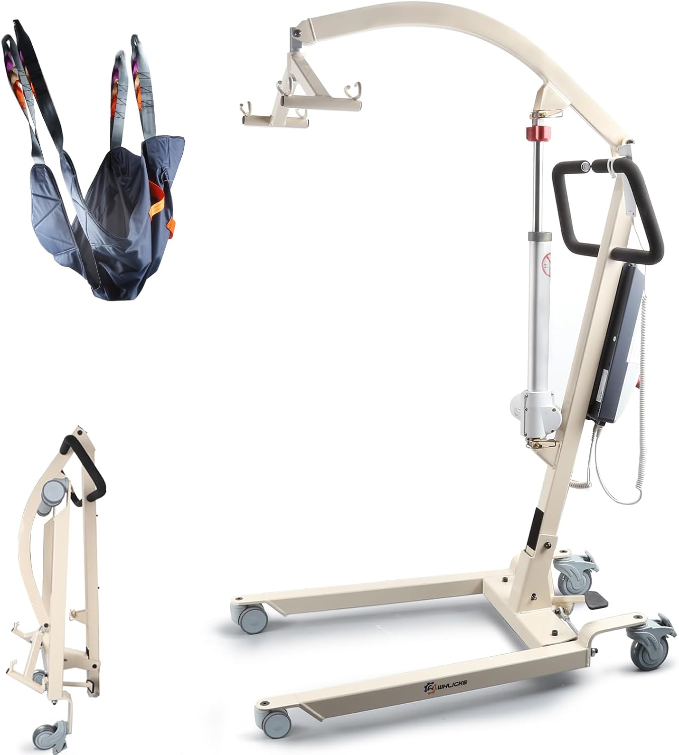 WHLICKS Electric Patient Lift with Full Body Sling – 400LBS Heavy Duty Transfer Chair for Elderly, Full-Range Open Base Slides Under Bed/Chair, Fast Folding Homecare Lift with Braked Casters