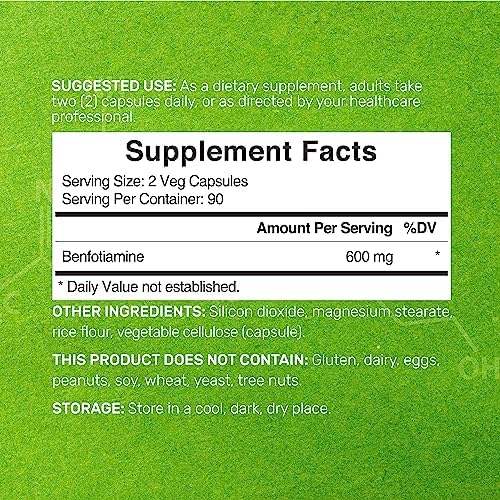 Benfotiamine 600mg Per Serving, 180 Veggie Capsules (300mg Per Cap) – Fat Soluble Vitamin B1 Thiamine Supplement – 3rd Party Tested, Vegan, Non-GMO, Gluten Free