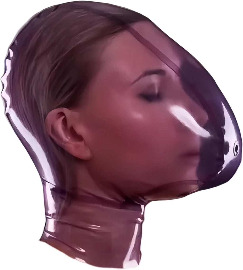 Transparent Purple Latex Hood with Breath Control Hole for Playing Suffocating Rubber Mask Club Party Wear