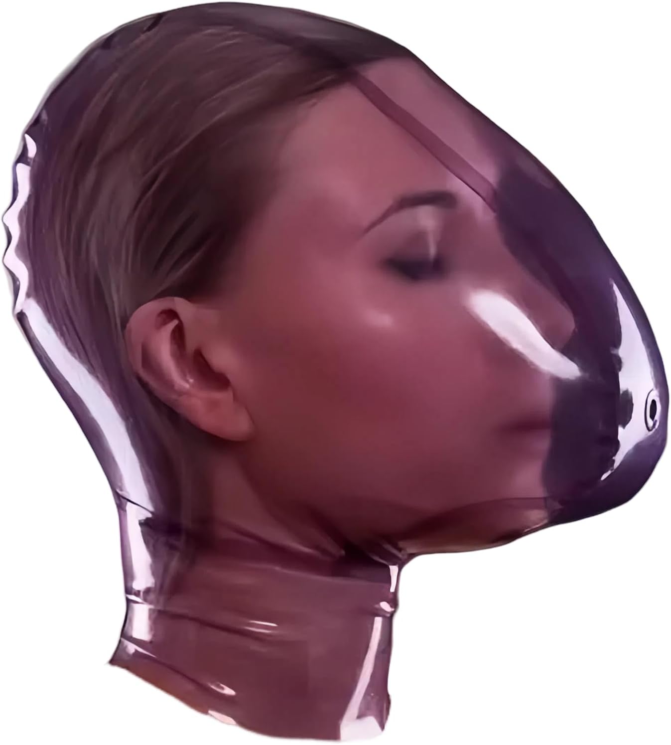 Transparent Purple Latex Hood with Breath Control Hole for Playing Suffocating Rubber Mask Club Party Wear