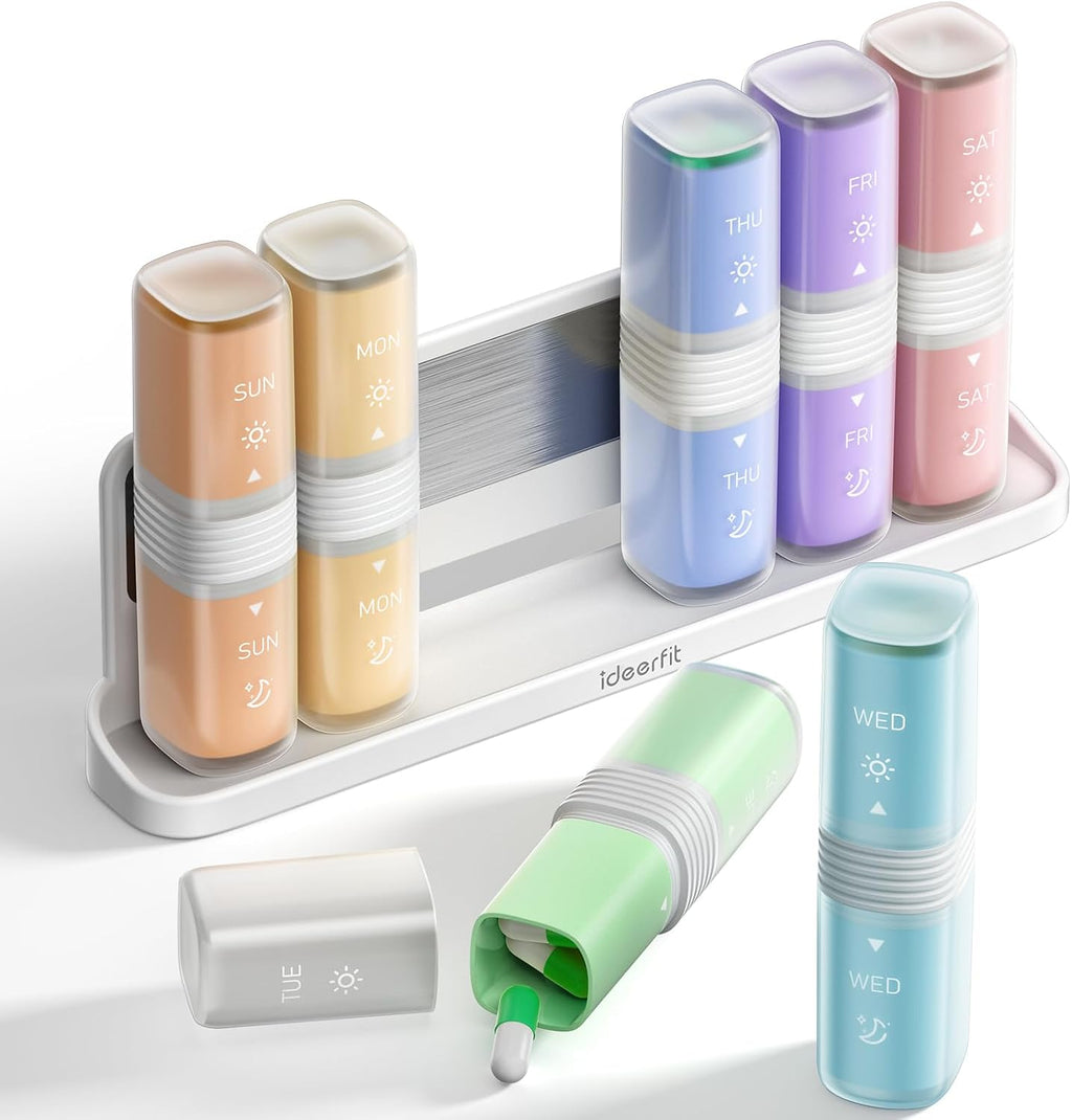 Magnetic Weekly Pill Organizer 2 Times a Day, AM PM Pill Box 7 Day, Removable Large Twice Medicine Pill Case, Medication Container Holder for Vitamins and Supplements, Rainbow