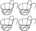 4 Pack Hanging Railing Planters Flower Pot Holders Plant Iron Racks Fence Metal Potted Stand Mounted Balcony Round Plant Baskets Shelf Container Box for Indoor&Outdoor Use-Black,Garden Steel Pots,6.3"