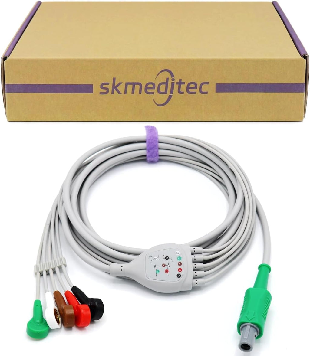 11FT 5 Lead Snap AHA Cable Compatible with Biosys Monitors, Cord with 6 Pins Connector