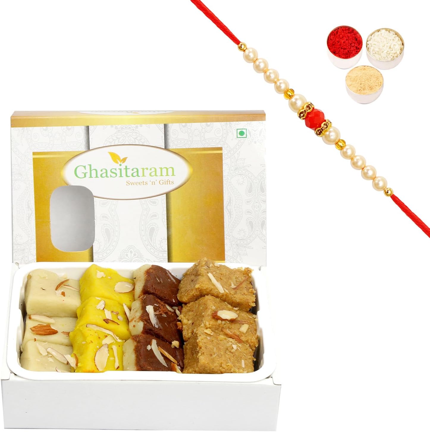 Ghasitaram Gifts Rakhi Gifts for Brothers Rakhi Sweets - Assorted Mawa Barfis (200 GMS) with Beads Rakhi