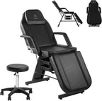 Facial Chair, 73 Tattoo Chair for Client, 3-Section Adjustable Massage Table with Stool, Multipurpose Beauty Beds Salon Equipment for Esthetician, Tattoo Shop, Spa (Black)
