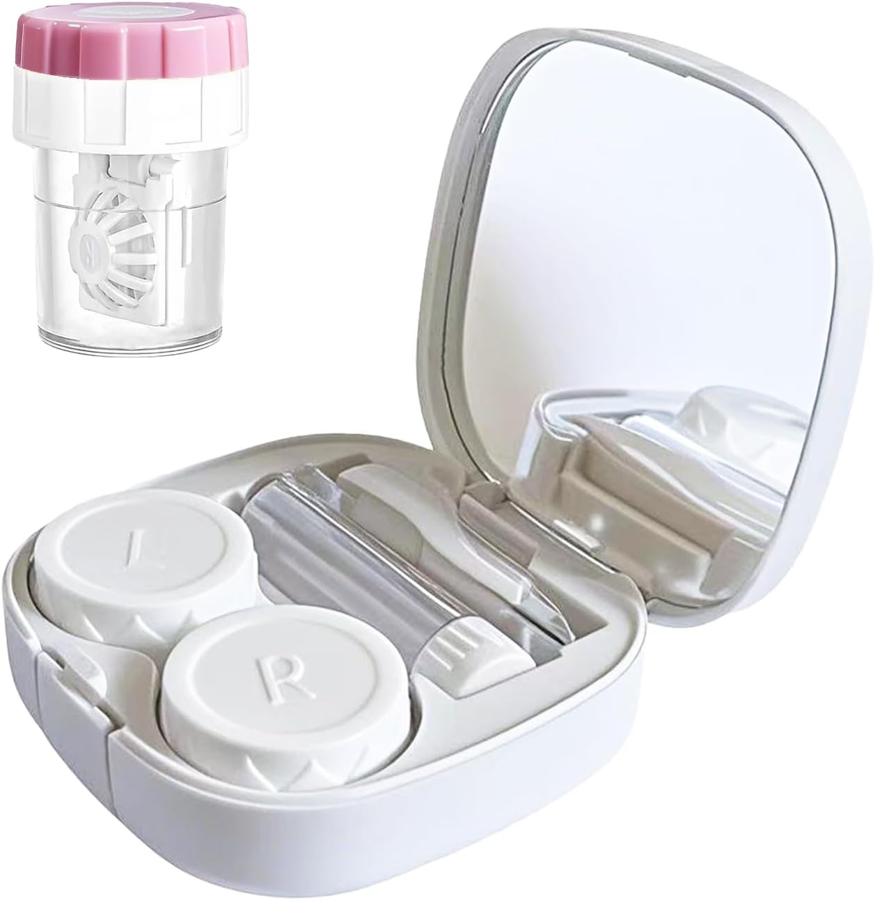 Contact Lens Case Kit with Cleaner Washer, Contact Lenses Applicator Removal Tool Kit with Mirror Solution Bottle for Daily and Outdoor Use(White)