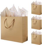 Plauthus Brown Gift Bags with Handles, 4 Pack Large Gift Bags with Tissue Paper, Kraft Paper Gift Bags for Shopping, Party，Birthday, Wedding, Graduation, and Holiday (12.5” x4.5” x11”)