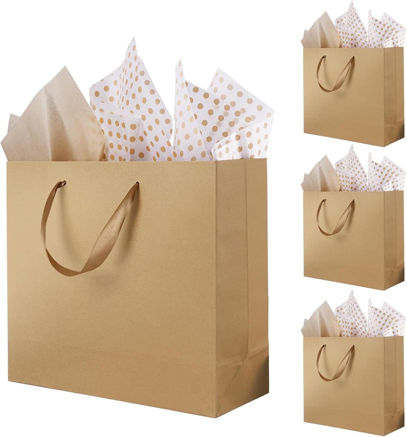 Plauthus Brown Gift Bags with Handles, 4 Pack Large Gift Bags with Tissue Paper, Kraft Paper Gift Bags for Shopping, Party，Birthday, Wedding, Graduation, and Holiday (12.5” x4.5” x11”)