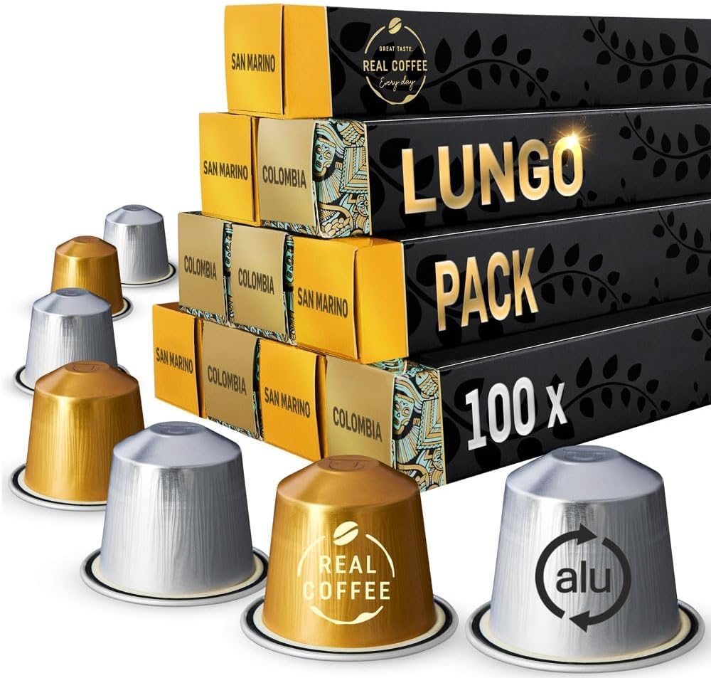 Lungo Variety Pack for Nespresso | 100 Test Winning Aluminum Capsules | 2 Smooth Italian Flavors ‘San Marino’ and ‘Colombia’ | 100% Nespresso Compatible Pods