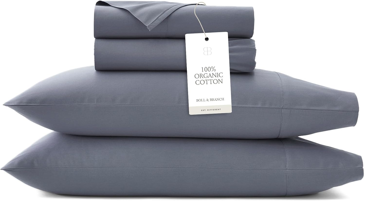 BOLL & BRANCH Signature Hemmed Sheet Set - Full, Mineral - Luxury 100% Organic Cotton - Includes 1 Flat, 1 Fitted, 2 Pillowcases - Buttery Soft
