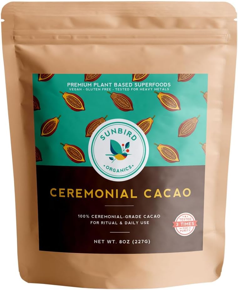 Sunbird Organics Ceremonial Cacao – 100% Organic Criollo Bean from Peru | Small Melt-Ready Pieces · Single Origin · Vegan · Plant-Based · For Daily Bliss, Meditation & Ritual Wellness | 8oz
