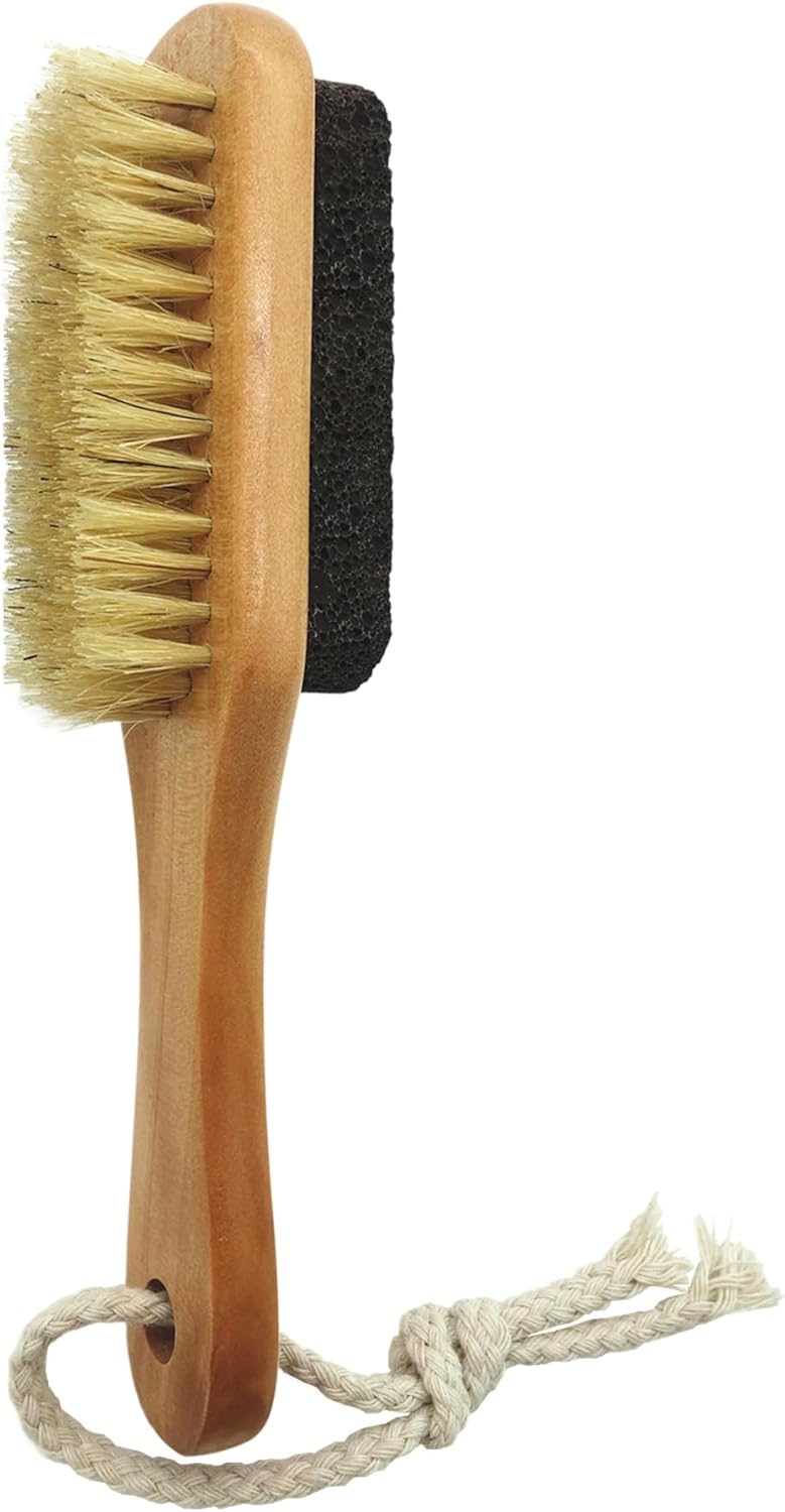 Natural Lava Pumice Stone for Feet with Foot Brush, Callus Remover Foot Scrubber Exfoliator Pedicure Tools for Hard Dead Skin, Softer & Smoother Feet, Double Sided Boar Bristles Wooden Handle