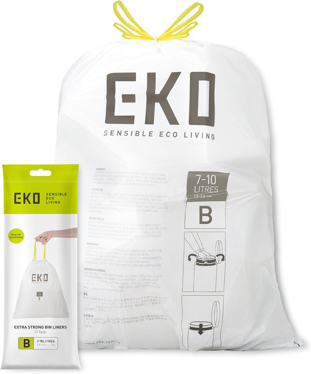 EKO 7-10 Litre Drawstring Bin Bags, Heavy Duty Bin Liners for Slim Kitchen and Bathroom Bins, Leakproof and Tear-Resistant for Waste & Recycling, Unscented Food Waste Bags, 25 Count, Code B, White
