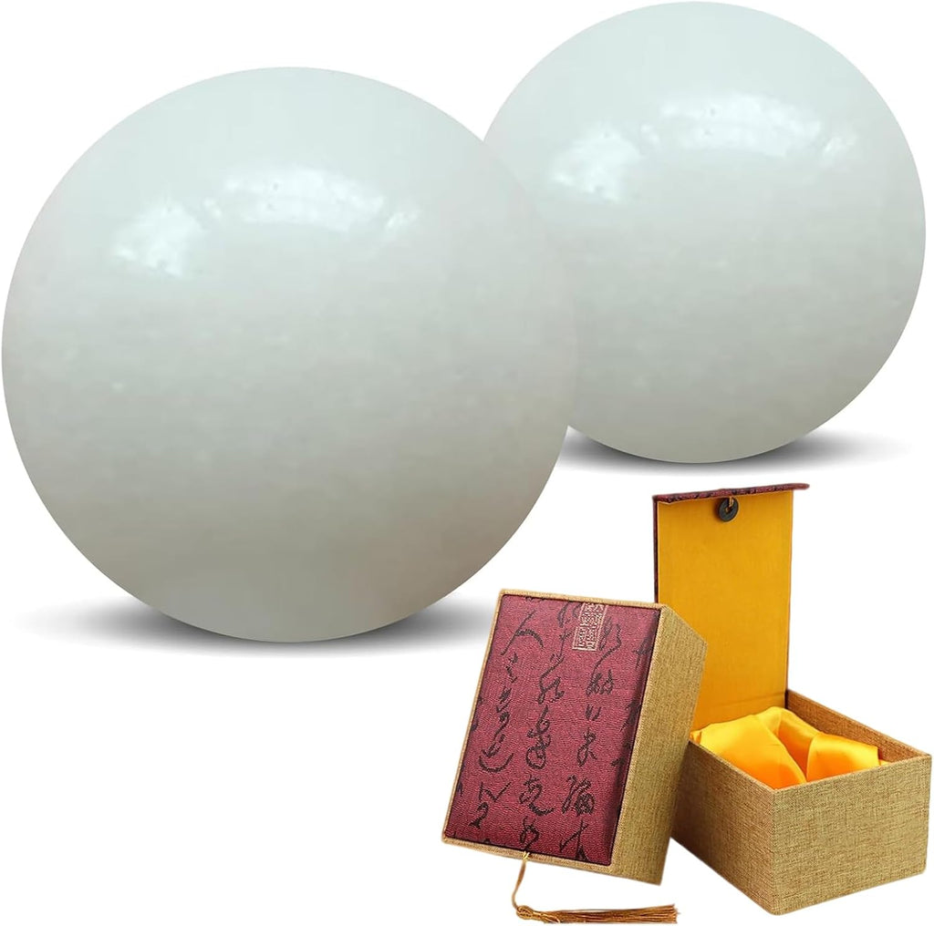 Natural Marble Baoding Chinese Meditation Balls, Stress Relief Hand Exercise Therapy Set with a Retro Style Tassel Boxes for Gift, 2-Piece Set,White Medium-1.57"