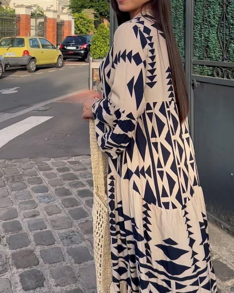 BIVENANT Womens Boho Floral Print Maxi Dress Loose Lantern Long Sleeve Geometric Plus Size Button Down Flowy Sundress