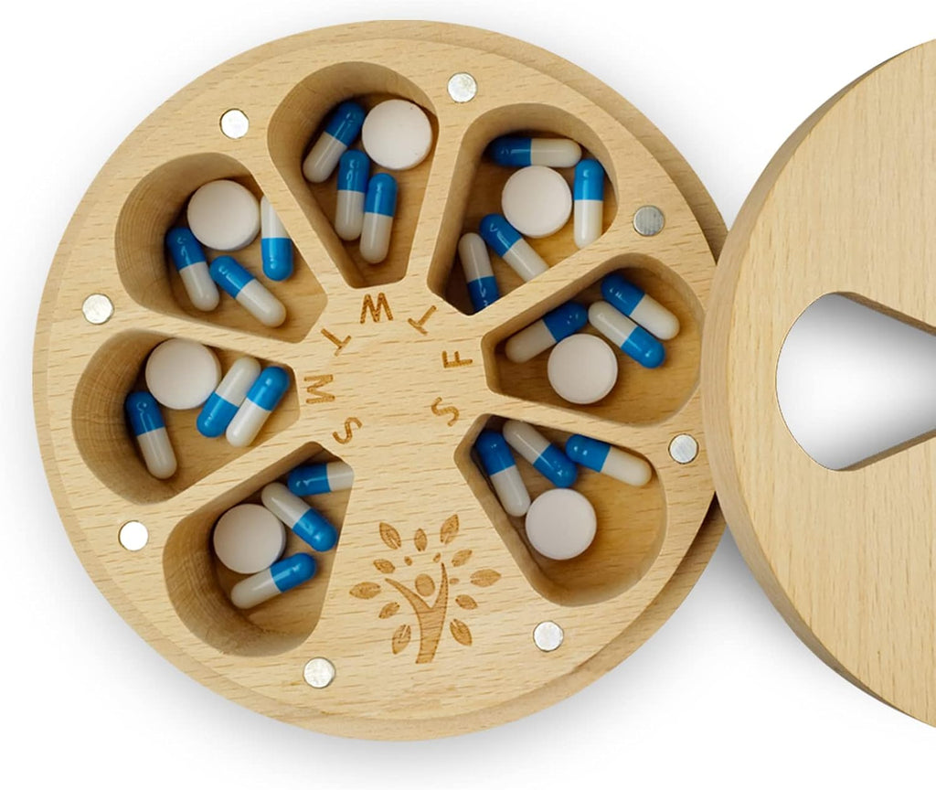 Wood Weekly Pill Organizer for Medicine Vitamin,Arthritis Friendly 7-Day Pill Box Medium Compartments Holder,Daily Portable Travel Pill Case with Velvet Bag