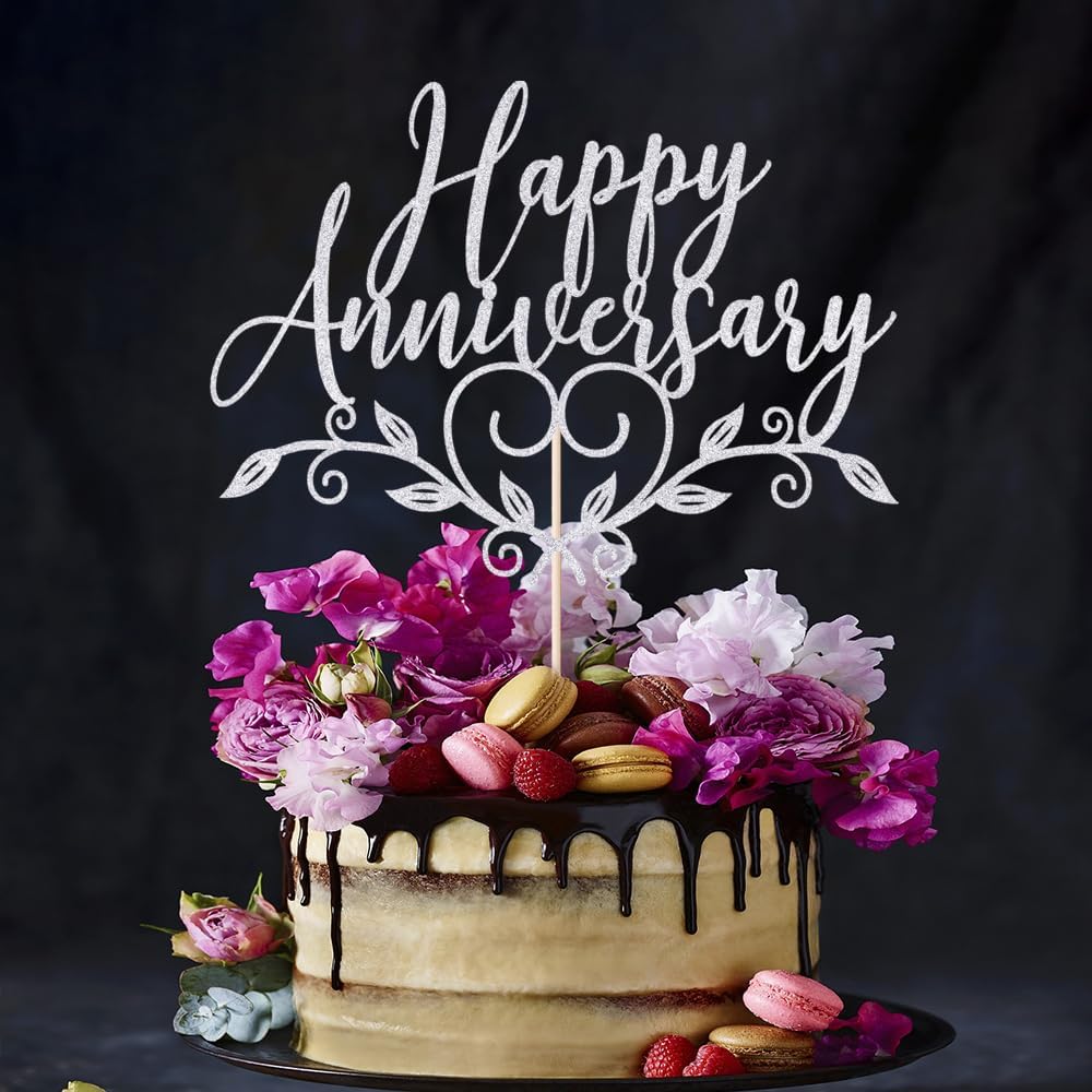 Glitter Happy Anniversary Cake Topper,Wedding Anniversary Cake Toppers, Happy Anniversary Party Decorating supplies (silver)