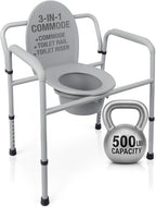 Vive Bariatric Bedside 3-in-1 Commode 500 lb Capacity - Portable Folding Toilet Chair - Adjustable Height, Extra Wide Seat - Bucket Splash Guard Heavy Duty Adult Bathroom, Pail Fits Standard Liner Bag