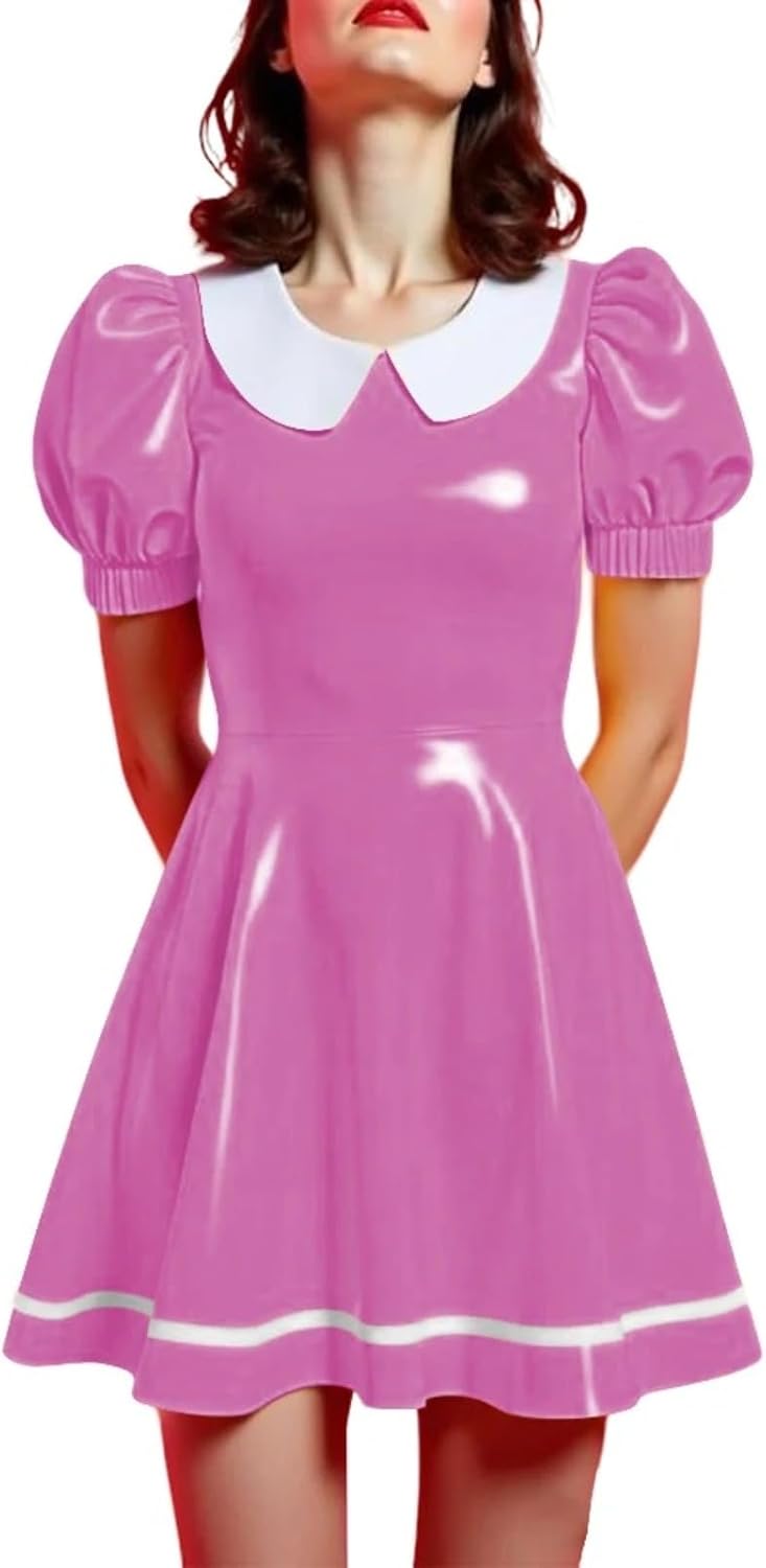 Women's Glossy PVC Leather Peter Pan Collar Puff Sleeve A-Line Mini Dress Preppy Style for Parties Nightclubs Daily Wear