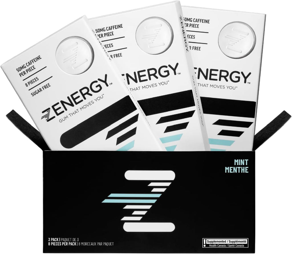 ZENERGY Energy Gum - Mint Flavor | 50mg Caffeine + 35% B6 and 45% B12 Vitamin | Vegan, 0 Sugar, 0 Calories, 0 Gluten, 0 Aspartame, Non-GMO, Instant Action | 3 Pack = 24 Count