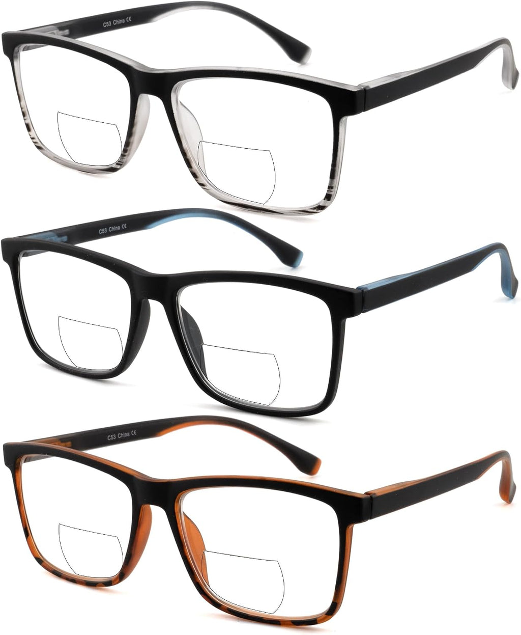 3 Pack No Line Bifocal Reading Glasses, Dual Vision Far & Near, Bicolor Frame Flexible Hinge for Men Women